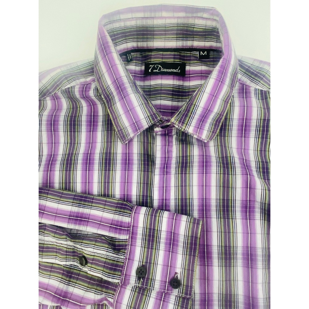 7 Diamonds Mens‎ Purple White Plaid Long Sleeve Button Down Shirt Size M